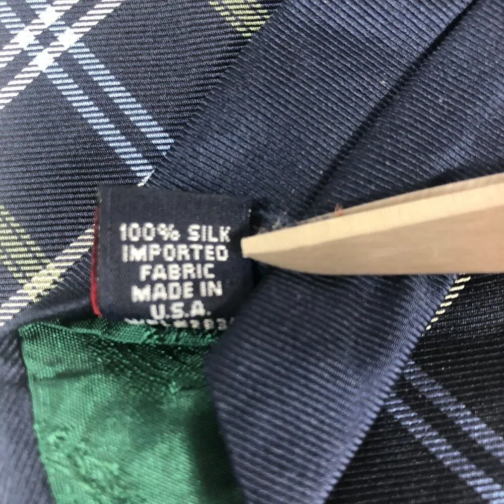 VTG Tommy Hilfiger 100% Silk Tie Navy Blue Plaid/Tartan Grid Made in USA Necktie